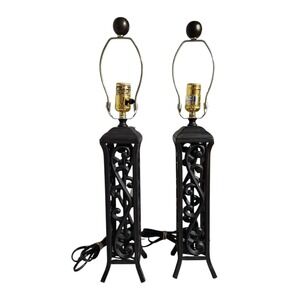 Vintage Wrought Iron Table Lamps Pair Black Gothic Scroll Lattice Bases Set of 2